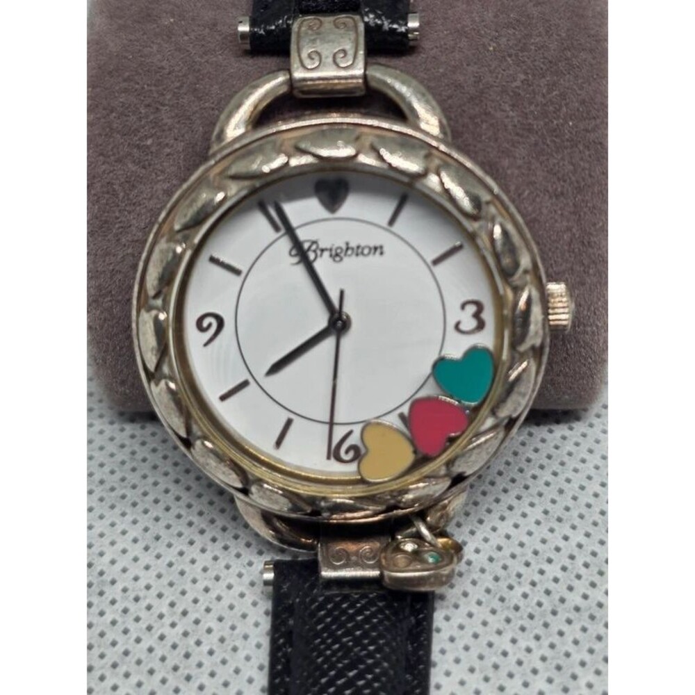 Brighton Silver Tone Heart Charm Women's Watch Black Leather